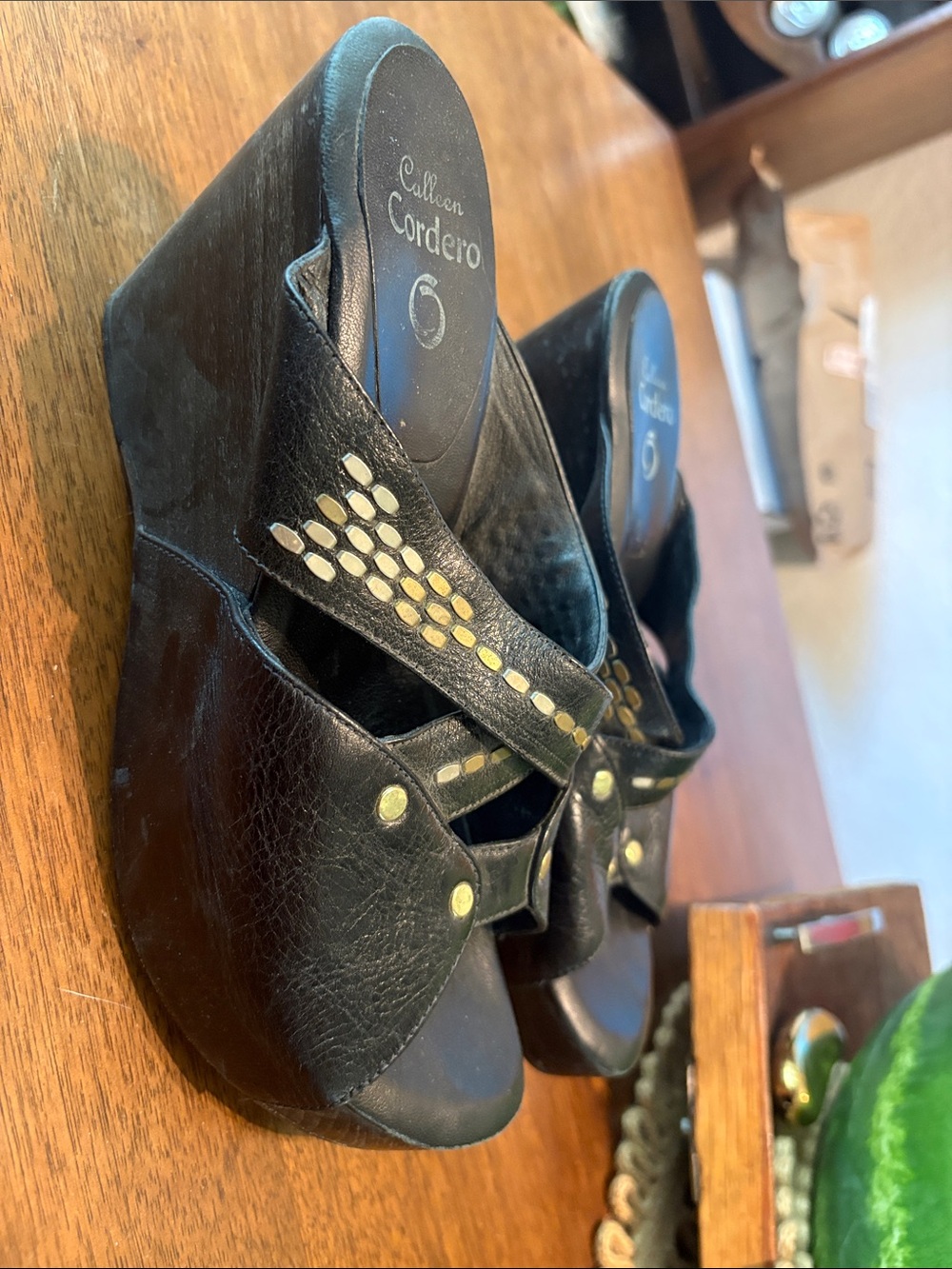 Calleen Cordero Black Wedge Sandals with Gold Stud Accents